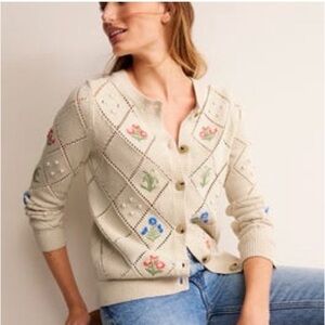 Boden Cream Floral Embroidered Cardigan